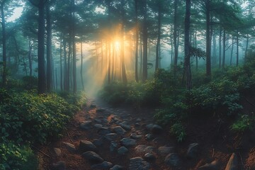 Fototapeta premium Sunbeams Piercing a Misty Forest Path