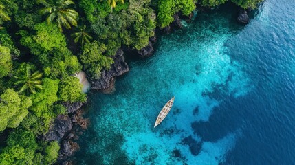 Obraz premium Aerial perspective showcasing a solitary boat navigating a tranquil body of water, emphasizing the serenity and vastness of the aquatic environment.