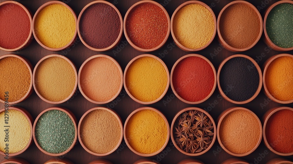 Poster a colorful array of spices in clay bowls, showcasing a vibrant spectrum of textures and hues.
