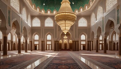 Obraz premium Inside Grand Mosque with Ornate Chandelier and Architectural Details