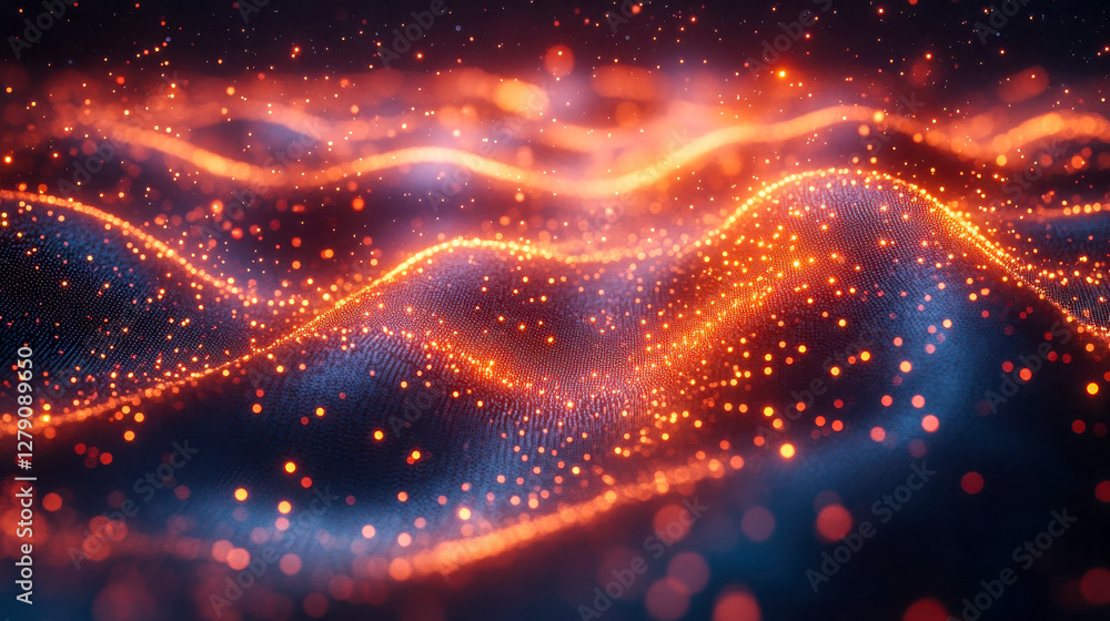 Poster a futuristic abstract data background with glowing orange digital waves forming a flowing motion pat
