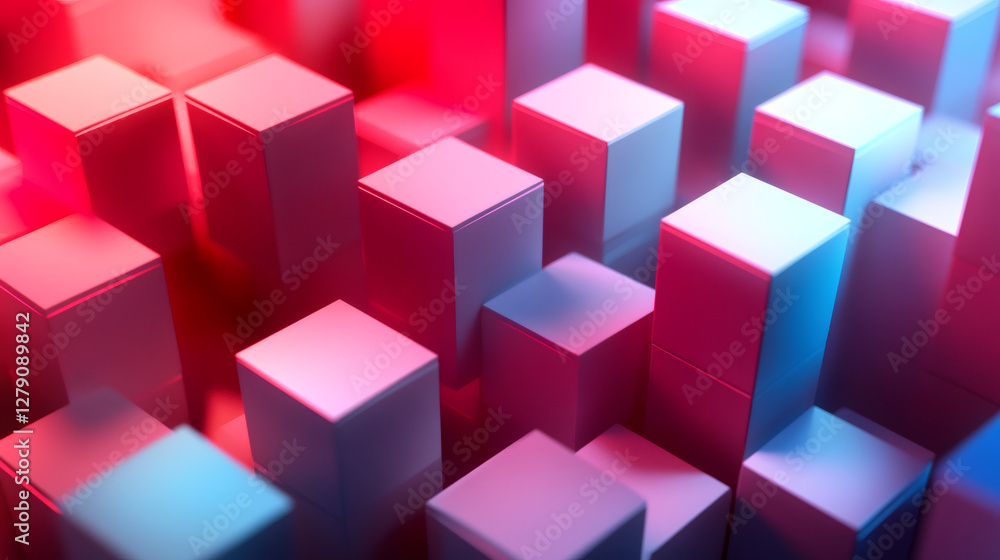 Aufkleber dynamic arrangement of 3d cubes in red and blue lighting, creating a modern and vibrant geometric pa
