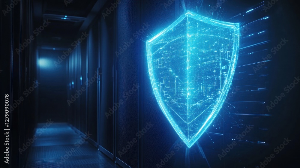 Poster cybersecurity fortress, digital shield protecting data server infrastructure