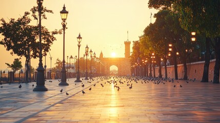 Obraz premium A scenic sunset view along a tree-lined walkway, illuminated by street lamps, with birds scattered across the path.