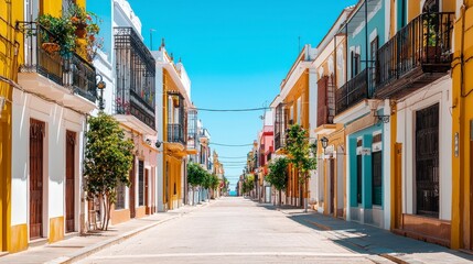 Fototapeta premium Colorful buildings line a sunny street, creating a vibrant and inviting atmosphere in a picturesque town.
