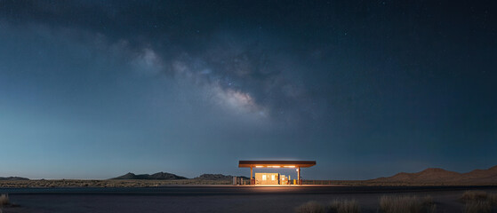 Gas station under starry sky desert location nighttime photography calm environment wide-angle view serenity concept