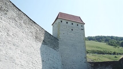 Stone Castle Tower Against Clear Blue Sky With Green Trees On The Hillside