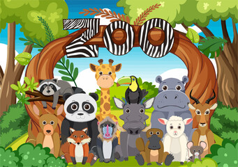 zoo animals group in flat cartoon style