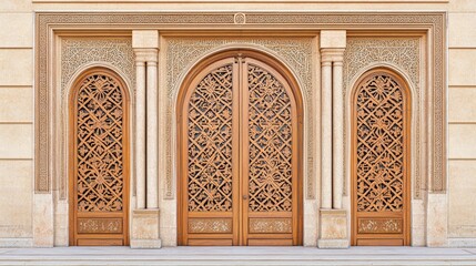 Intricately designed wooden doors with ornate carvings, showcasing craftsmanship and elegance in architectural detail.