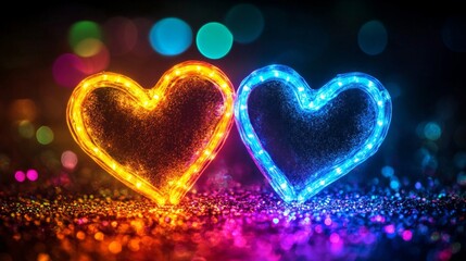 Obraz premium Two illuminated hearts glowing brightly against a bokeh background