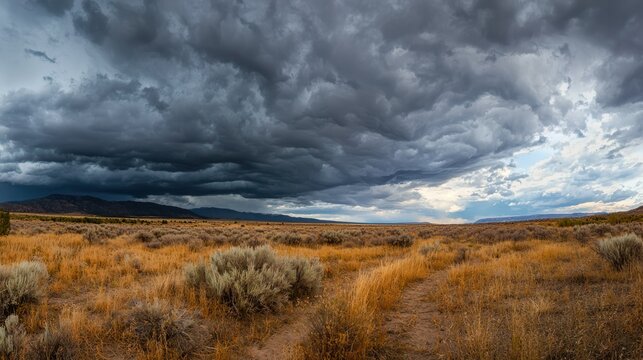 A vast, dramatic sky with dark storm clouds, creating a sense of anticipation over an open field.