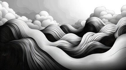 Fototapeta premium Abstract Black and White Waves with Clouds in a Minimalist Style for Artistic Backgrounds