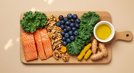 Healthy food selection: salmon, blueberries, kale, nuts, turmeric, and olive oil for a balanced diet