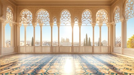 Obraz premium A stunning architectural space featuring intricate arches and patterns, illuminated by soft sunlight, providing a serene and elegant atmosphere.