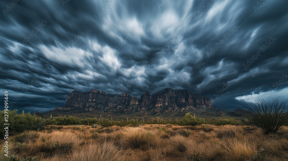 Poster a time-lapse image of dynamic, dark clouds moving over a mountain range, creating a dramatic atmosph