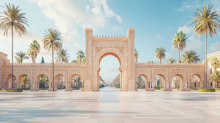 Fototapeta premium A grand architectural archway surrounded by palm trees under a clear blue sky, creating a serene and inviting atmosphere.