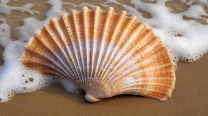 Arafed shell rests on the sandy beach, surrounded by soft, foamy waves lapping at the shore under a bright sky.