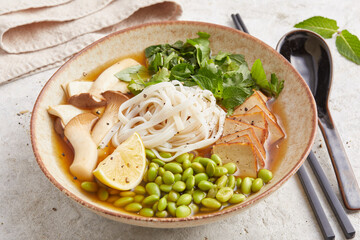 Edamame Mushroom and Rice Noodle Soup