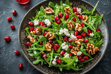 Gourmet salad with pomegranate seeds flat lay
