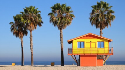 A vibrant yellow lifeguard tower stands amidst palm trees on a sunlit beach adjacent to the tranquil ocean waves.