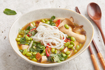 Edamame Mushroom and Rice Noodle Soup