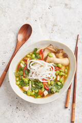Edamame Mushroom and Rice Noodle Soup