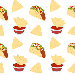 Traditional Mexican food Taco meat filled and Nacho in saucer with sauce Seamless Pattern Wallpaper