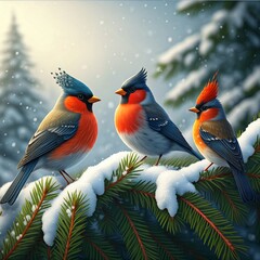 Birds Perched on Snow-covered Branches