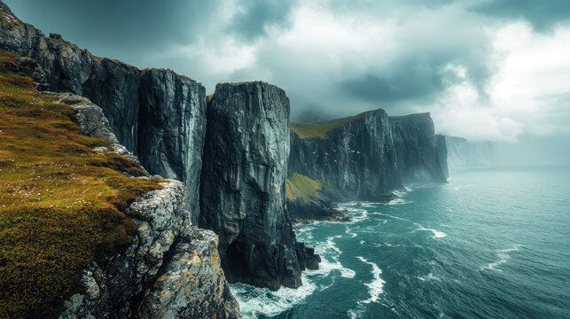 A sweeping view of a cliffside with a dramatic landscape, where towering peaks meet the stormy sky.