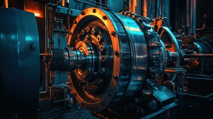 Fototapeta premium A dramatic scene in an industrial setting with sharp, contrasting lighting casting shadows on machinery.