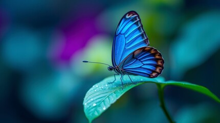 Obraz premium Stunning Blue Morpho Butterfly on Green Leaf