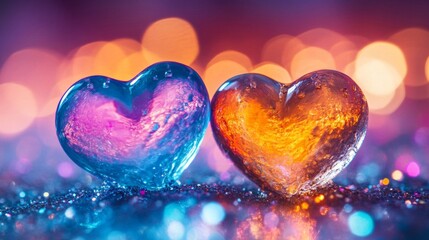 Fototapeta premium Two glistening hearts glowing with romantic light
