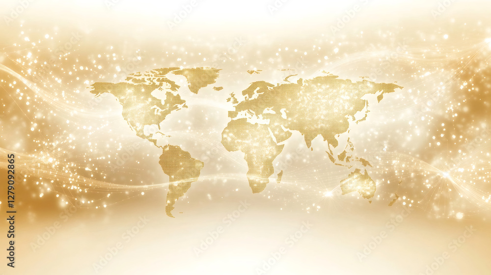 Poster glowing golden world map highlighting interconnected networks, symbolizing global communication and 