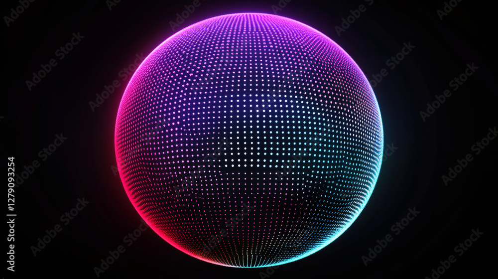 Poster Colorful gradient sphere made of particles glowing on dark background, ideal for technology, futuristic and abstract concepts