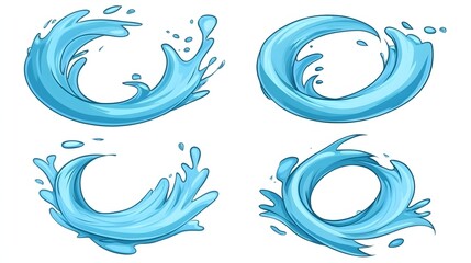 Four Pixelated Blue Water Splash Design on Clean White Background in Cartoon Style