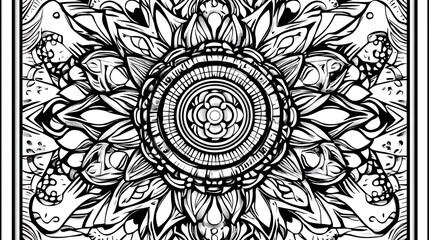 Intricate Black and White Floral Mandala Design with Geometric Pattern Decorative Element Art