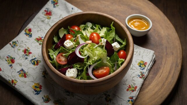 Ensalada colorida con tomates cherry, cubos de queso feta, rodajas de cebolla roja, remolacha y vegetales mixtos en un bol de madera