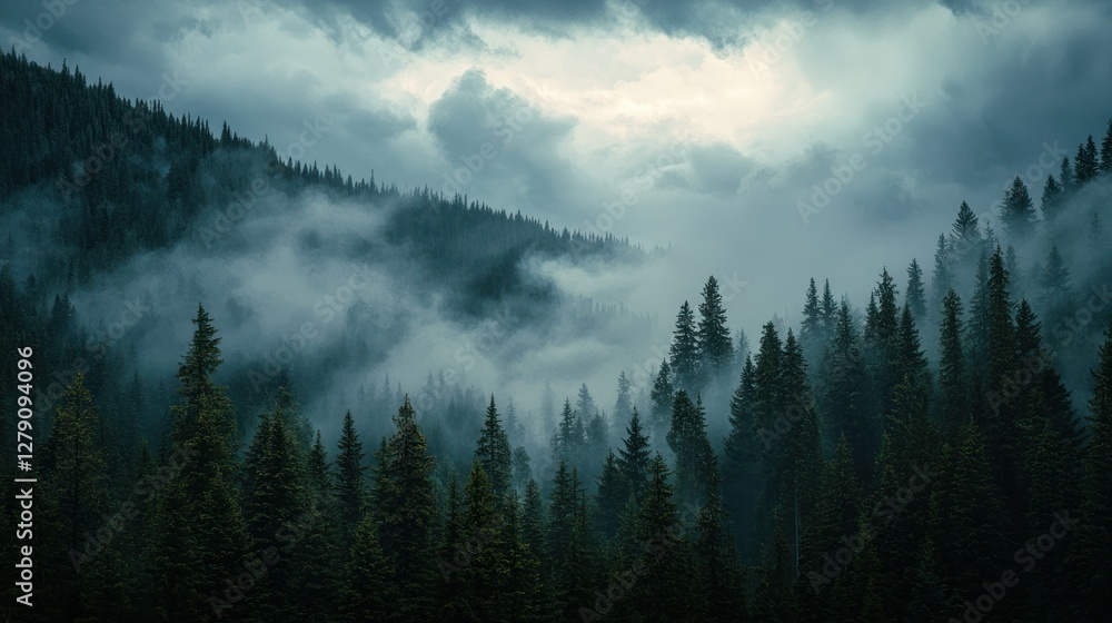 Poster a powerful storm cloud over a dense forest, creating a dramatic clash between nature and the element