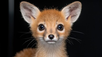 Fototapeta premium Adorable fox kit portrait, dark background, wildlife