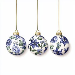 Three decorative Christmas ornaments with intricate blue floral patterns, hanging gracefully against a white background.