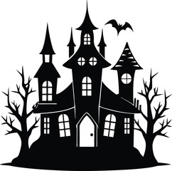 Halloween haunted house silhouette vector illustration for spooky, creepy, horror, haunted, eerie, Halloween party, decorations, and seasonal design projects.
