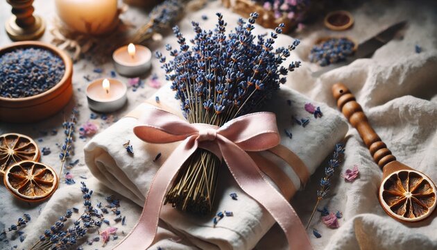  a bundle of dried lavender tied with a satin ribbon, resting on a white linen cloth with scattered petals and a cozy, rustic ambiance.