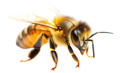 Honey bee on white background, bright yellow and black body, nature's pollinator, showcasing vital role in ecosystem. Isolated on white background or PNG