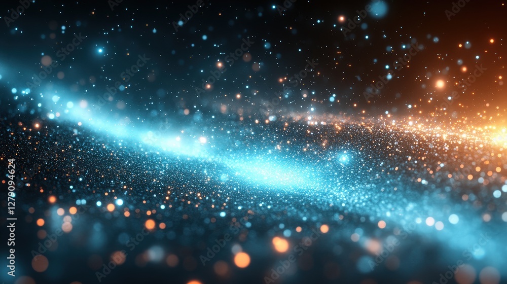 Poster abstract representation of glowing particles and light trails in a cosmic background