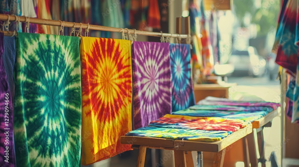 Poster a table filled with various tie-dye projects, with vibrant swirls of color in fabrics drying in a cr