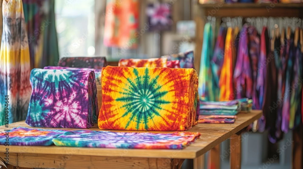 Poster a table filled with various tie-dye projects, with vibrant swirls of color in fabrics drying in a cr