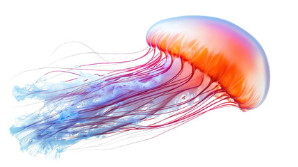 Obraz premium Colorful jellyfish gliding gracefully, translucent body with vibrant tentacles, marine life in motion, underwater beauty. Isolated on white background or PNG