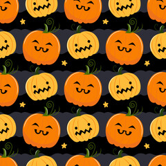 Vector seamless Halloween pumpkin pattern with cute and spooky carved faces. Halloween jack-o'-lanterns on black background. Ideal for Halloween decor, fabric, and wrapping paper.
