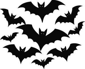 Halloween bats silhouette vector illustration, spooky flying bats, Halloween decorations, creepy bat design, dark bat symbols, vector art for Halloween and spooky themes.