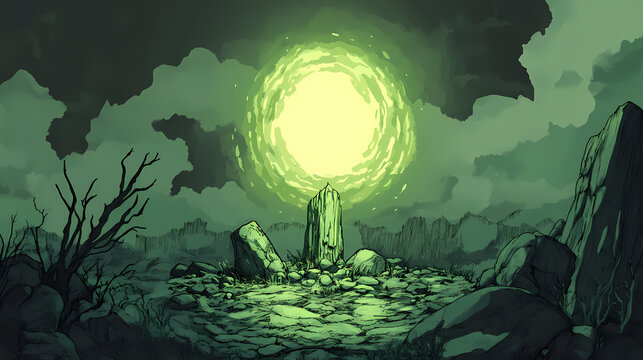 Dreadful discovery of an eldritch relic radiating unnatural power in a sinister muted landscape. Ancient Eldritch Relic. Illustration